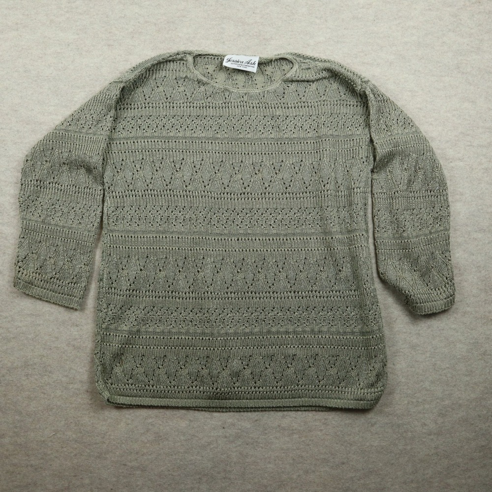 Jessica Ash Sweater Large Sage Green Pointelle Knit‎ 90s Vintage Crew Neck Top